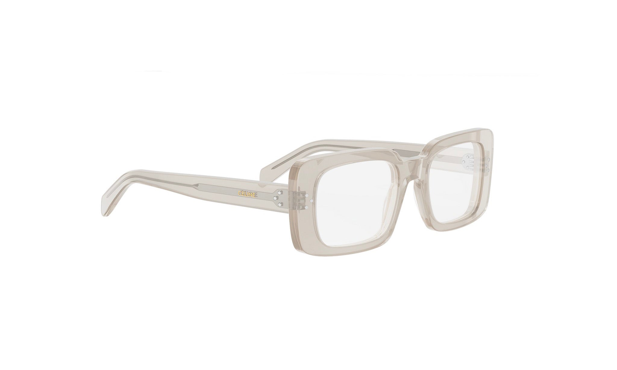 A pair of clear, square-framed glasses with a minimalist design.