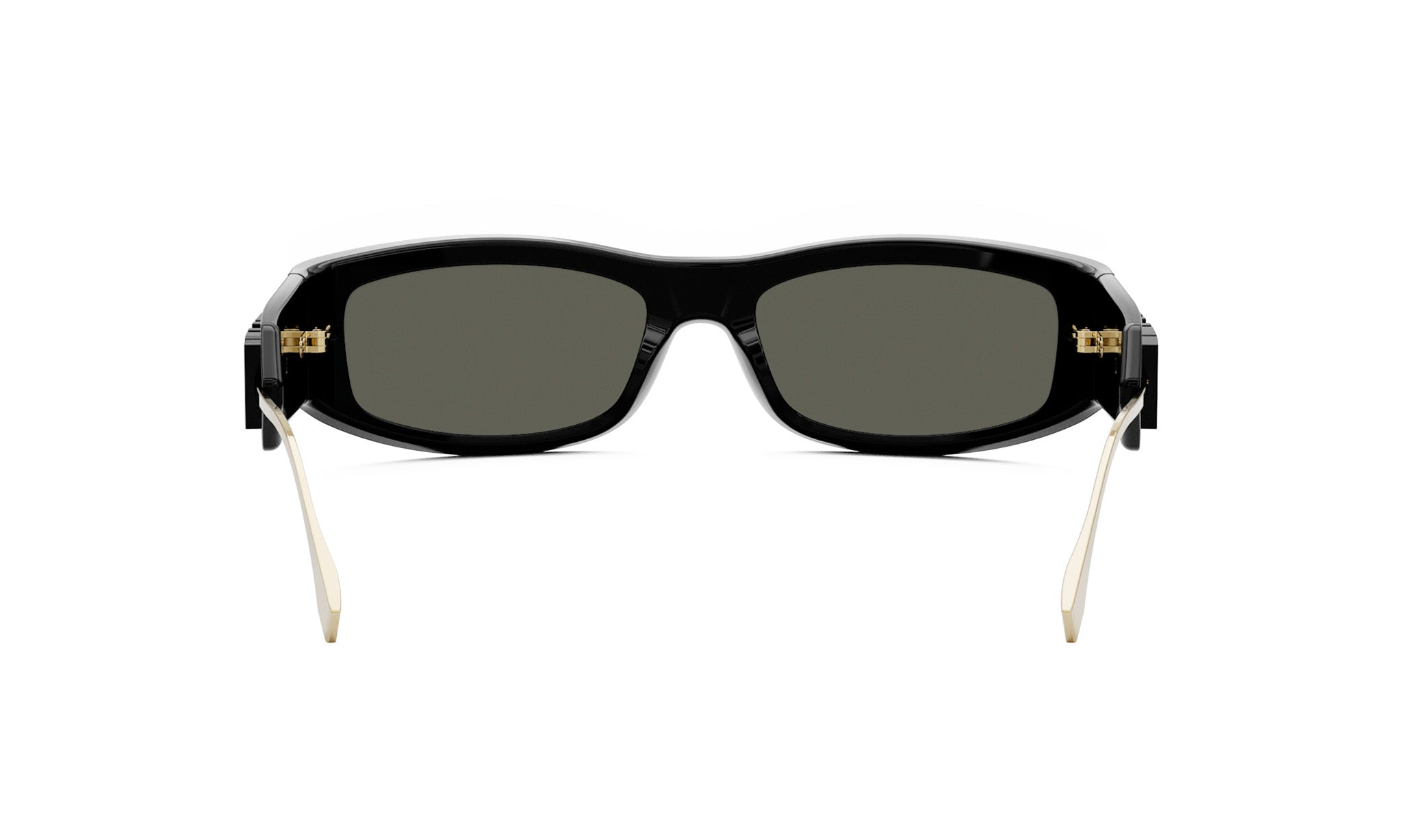 A pair of black sunglasses with dark lenses and gold-colored temples.