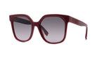 A pair of burgundy-colored sunglasses with a dark frame and dark lenses.