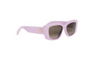 A pair of pink sunglasses with a gold C logo on the frame.