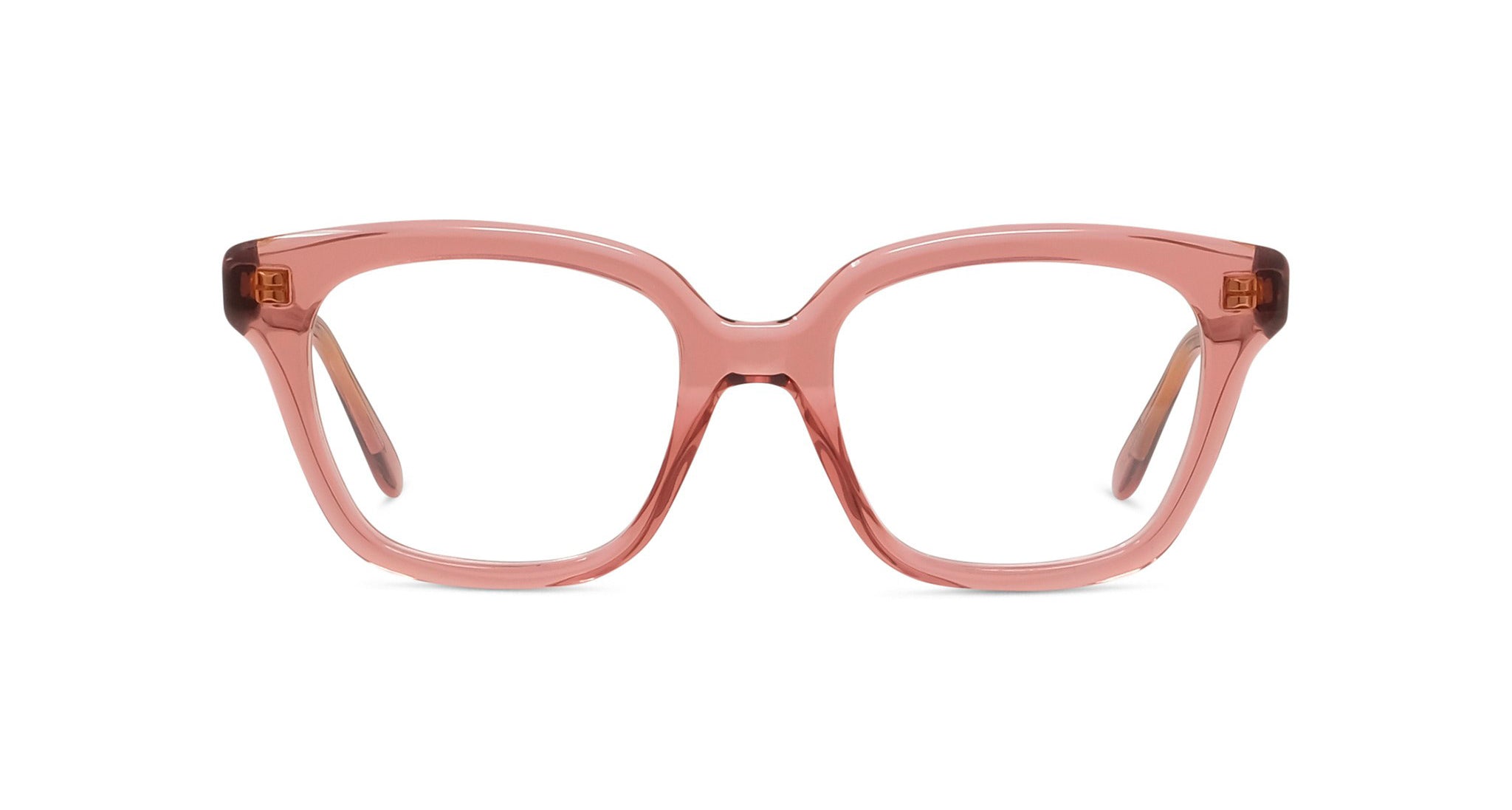 A pair of pink-framed glasses with clear lenses, set against a white background.