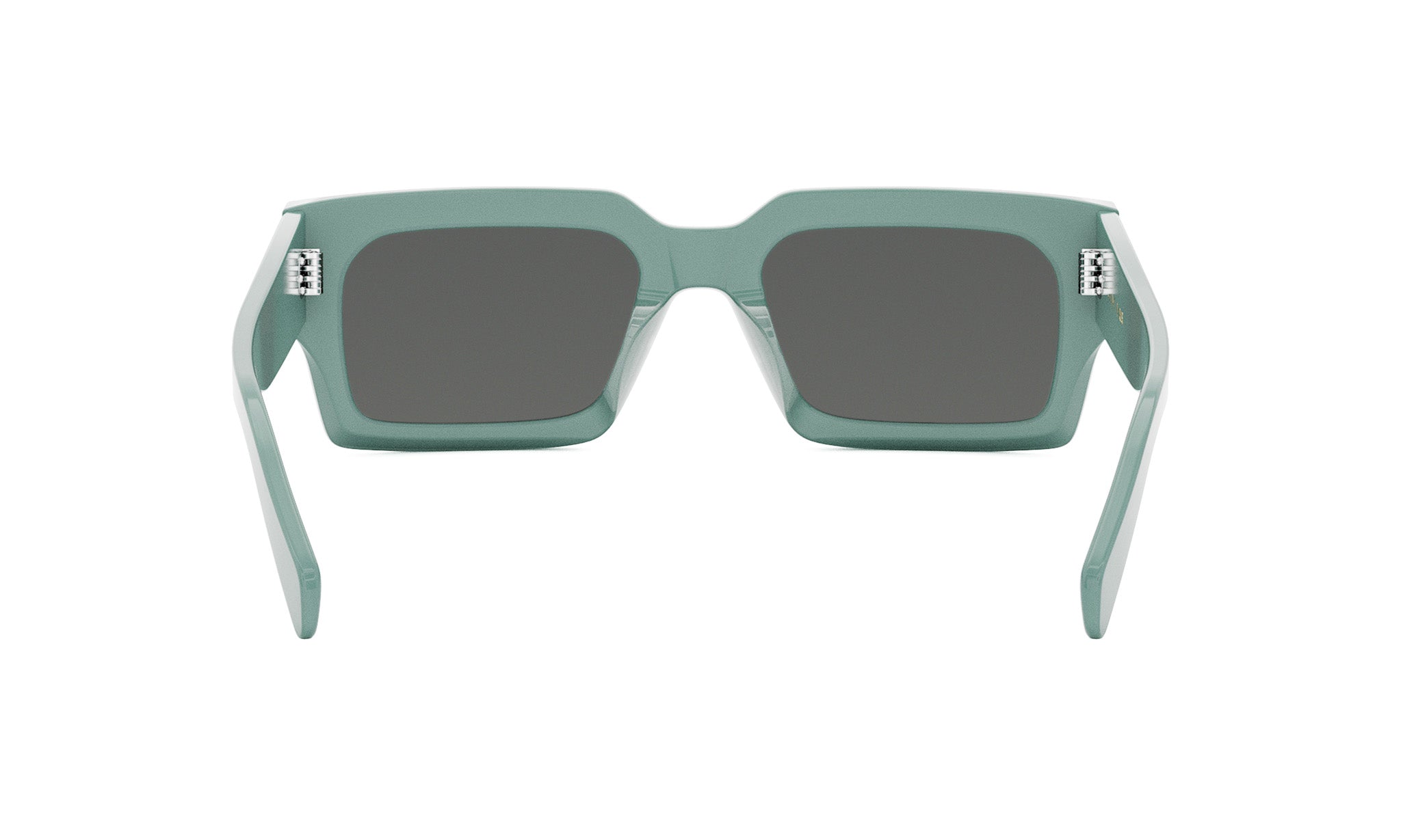 A pair of green-framed sunglasses with dark lenses.