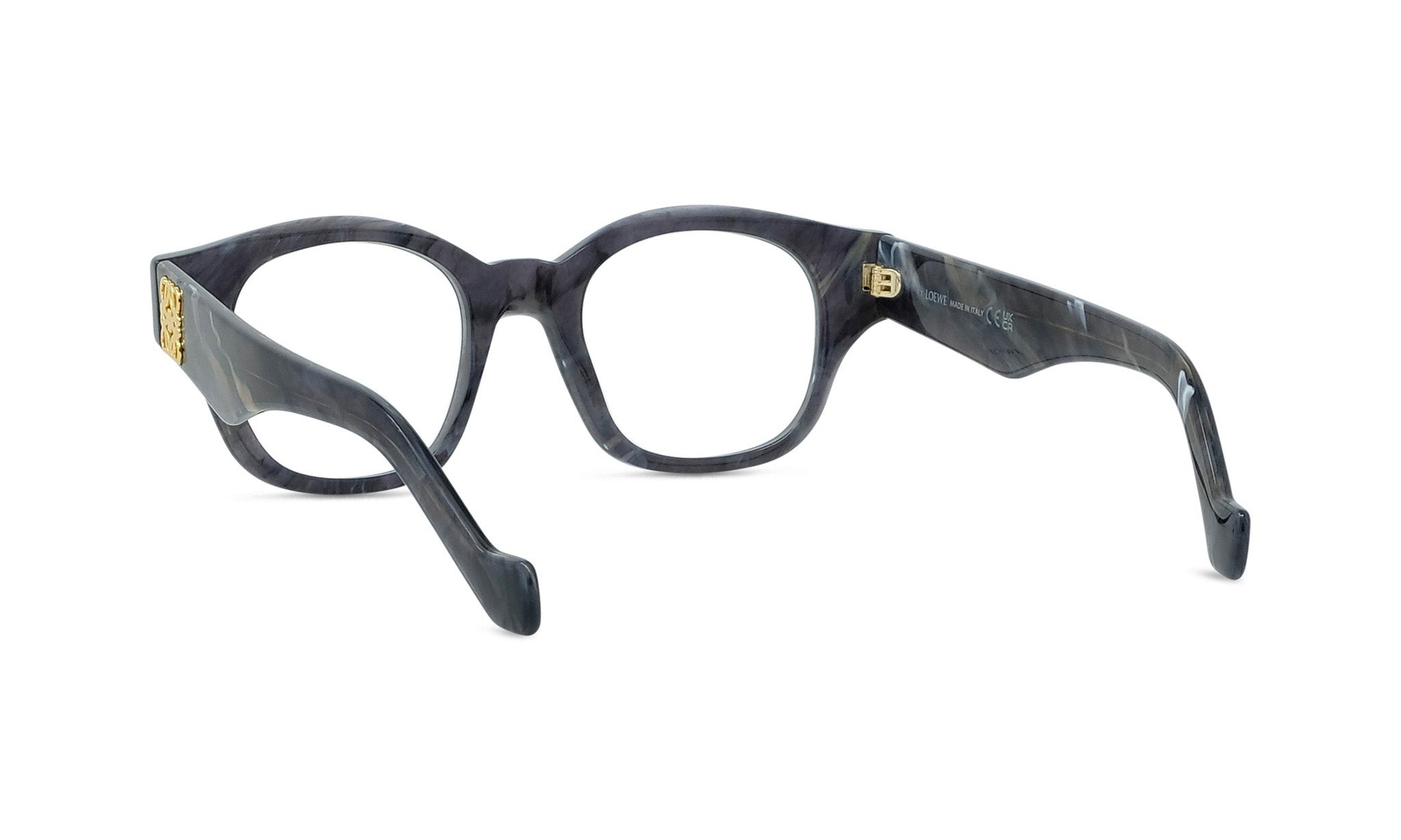A pair of dark-colored, framed glasses with a sleek, modern design.