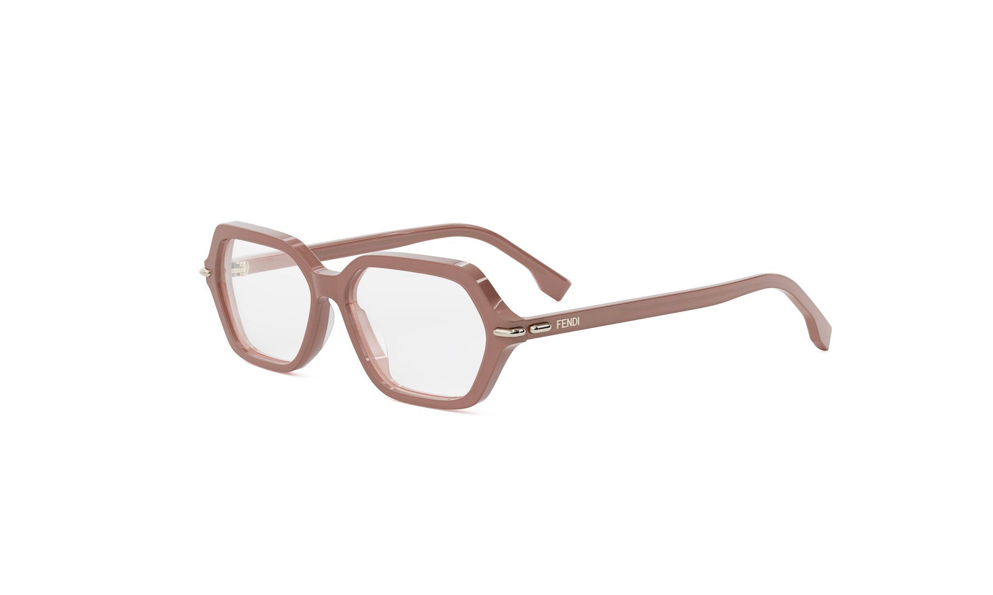 A pair of brown-framed glasses with a hexagonal shape and clear lenses.