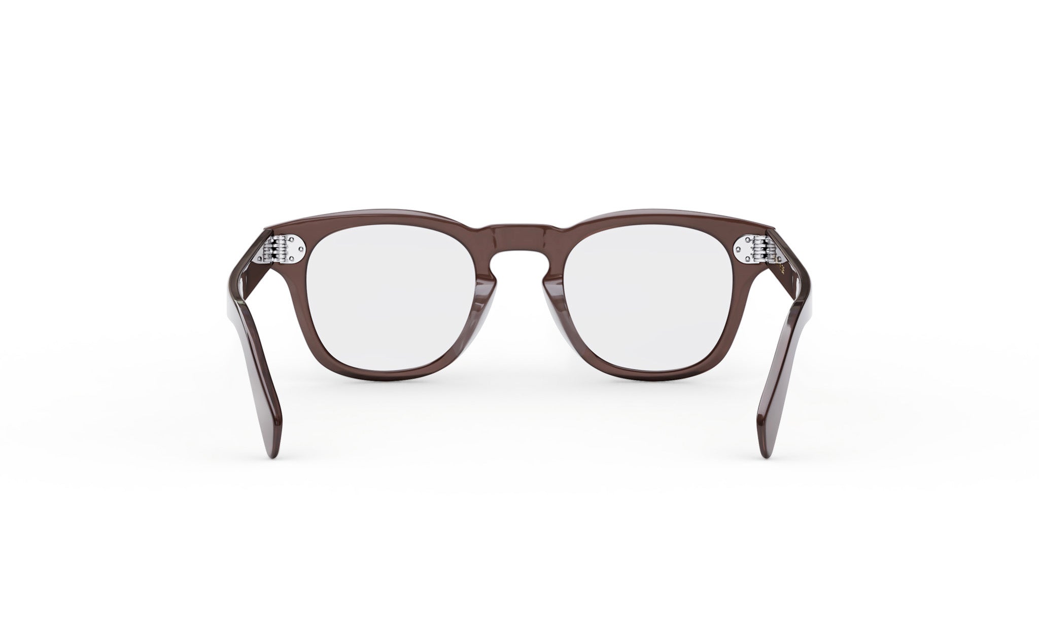 A pair of brown-framed glasses with clear lenses, facing forward against a white background.