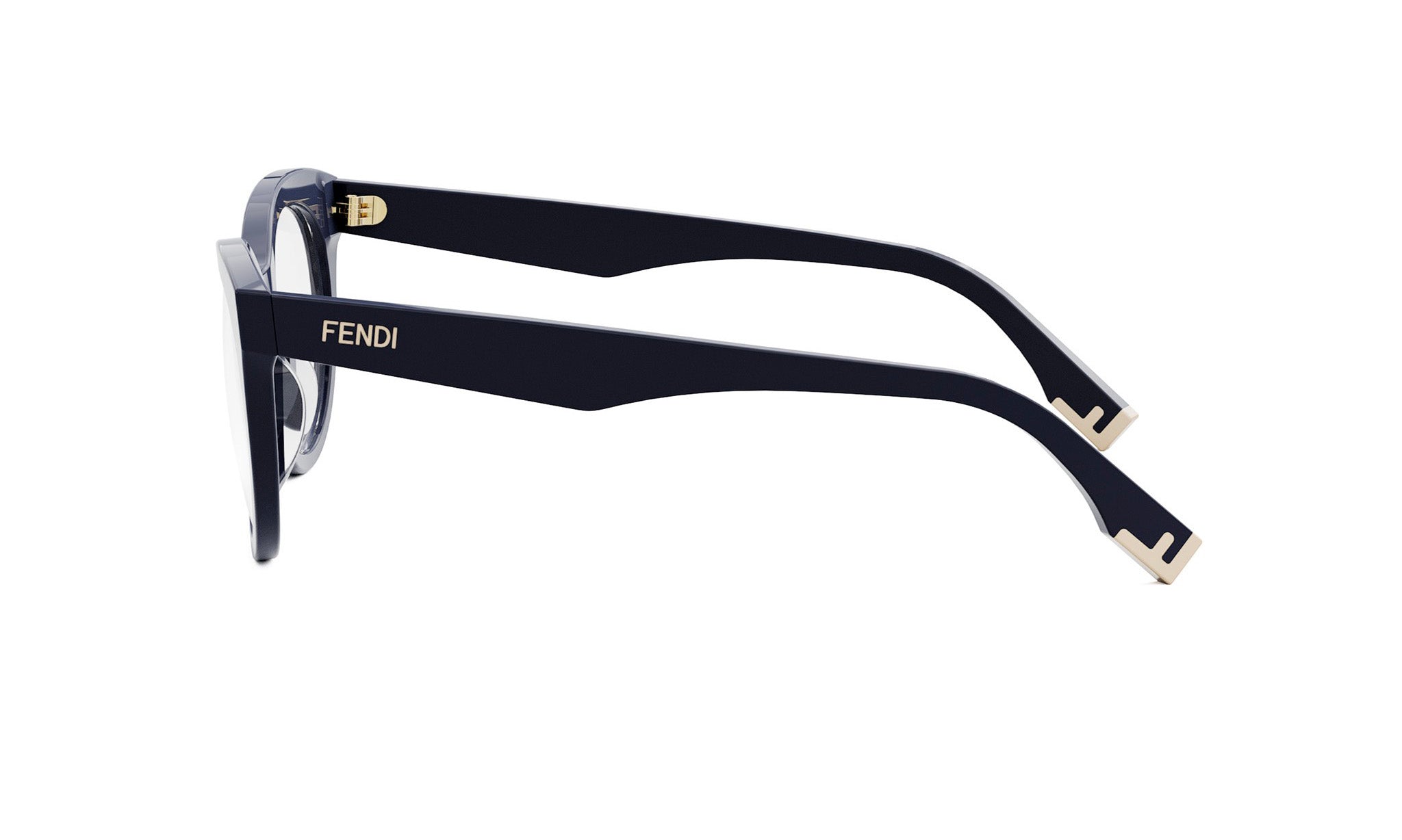 A pair of dark blue Fendi-branded glasses with a sleek, modern design.
