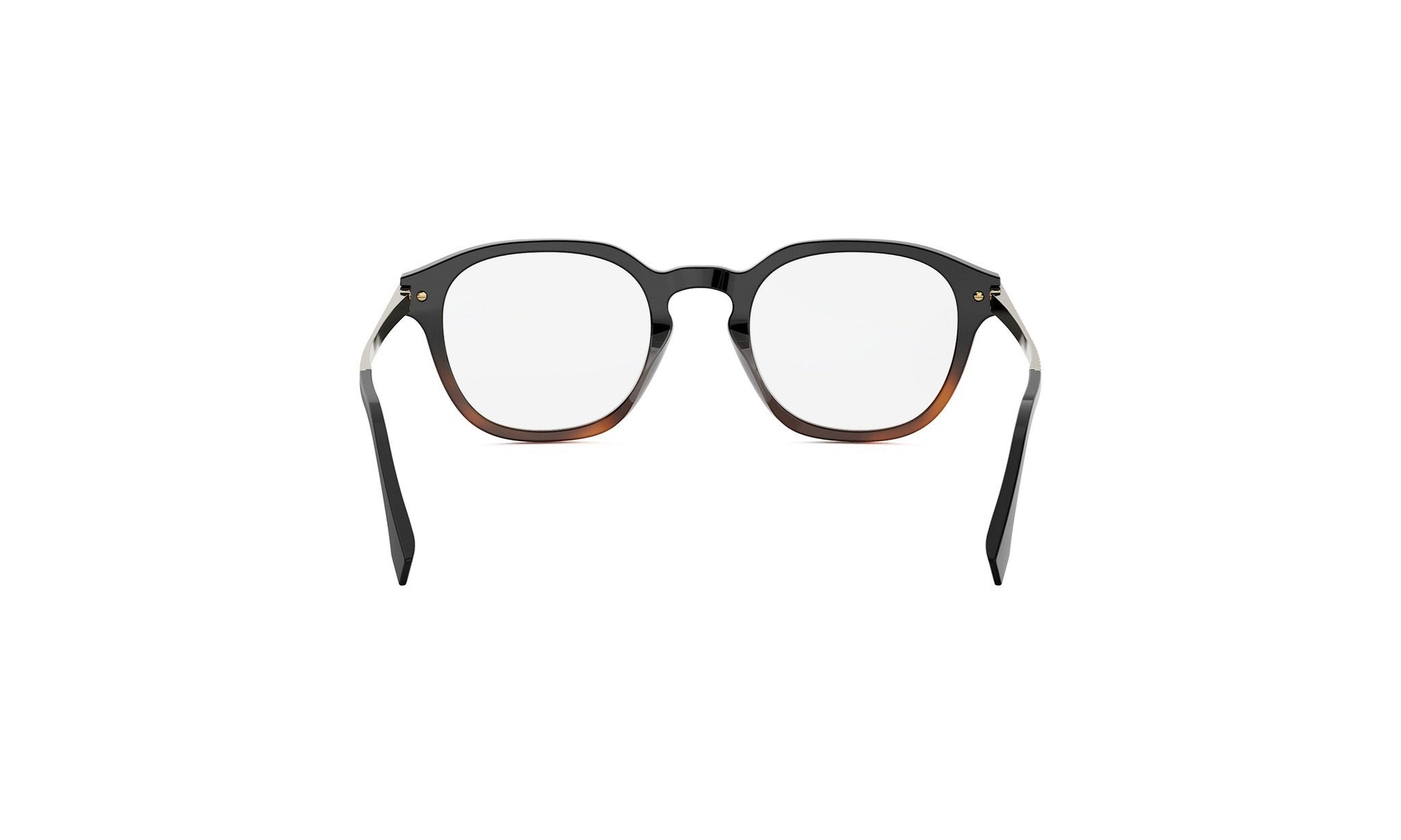 A pair of black-framed glasses with a brown tint, positioned facing forward against a white background.