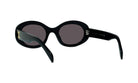 A pair of black sunglasses with dark lenses.