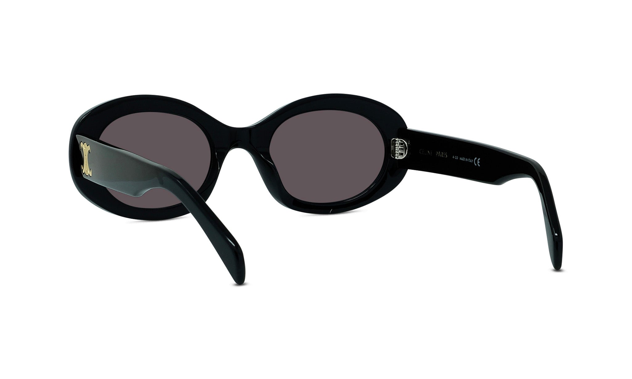 A pair of black sunglasses with dark lenses.