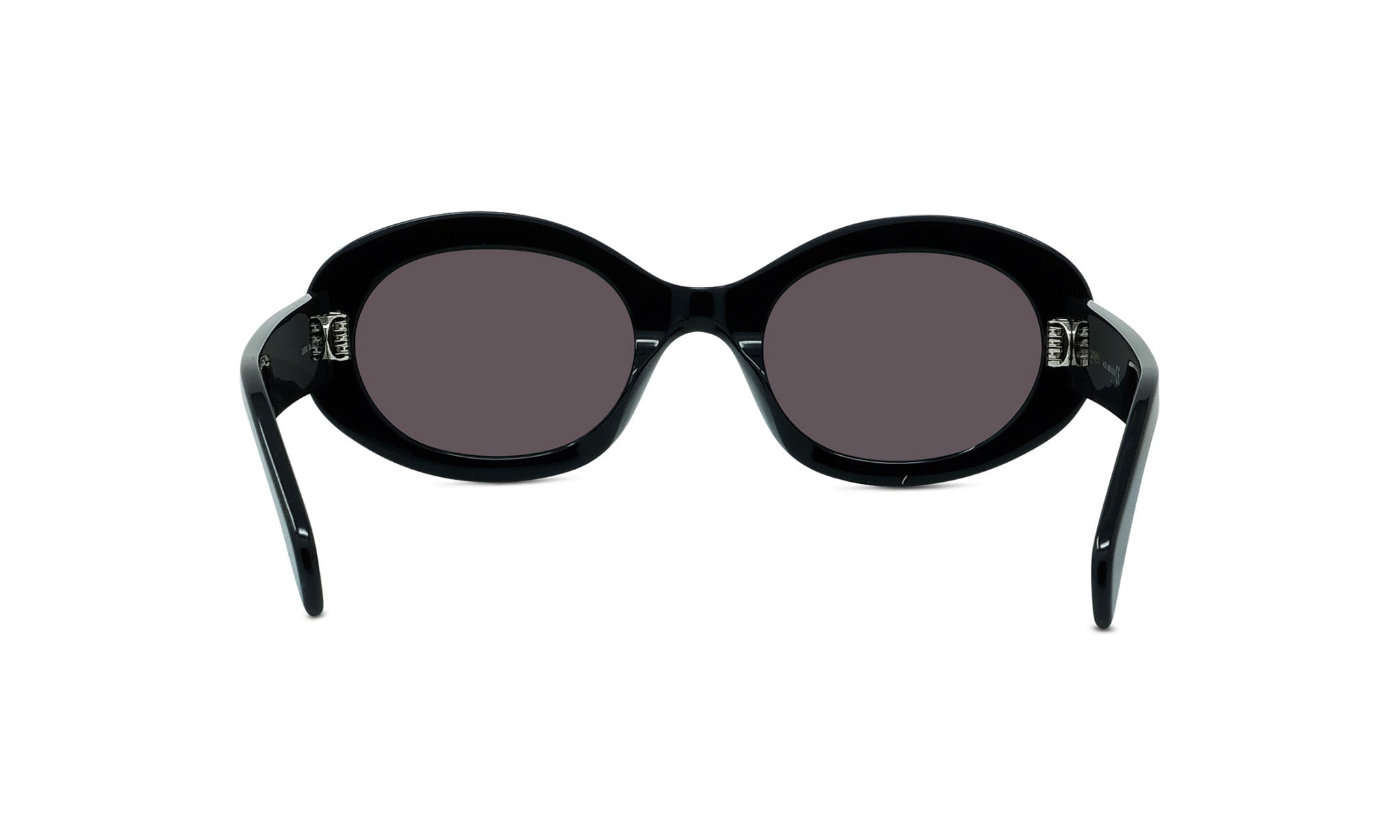 A pair of black, round sunglasses with dark lenses.