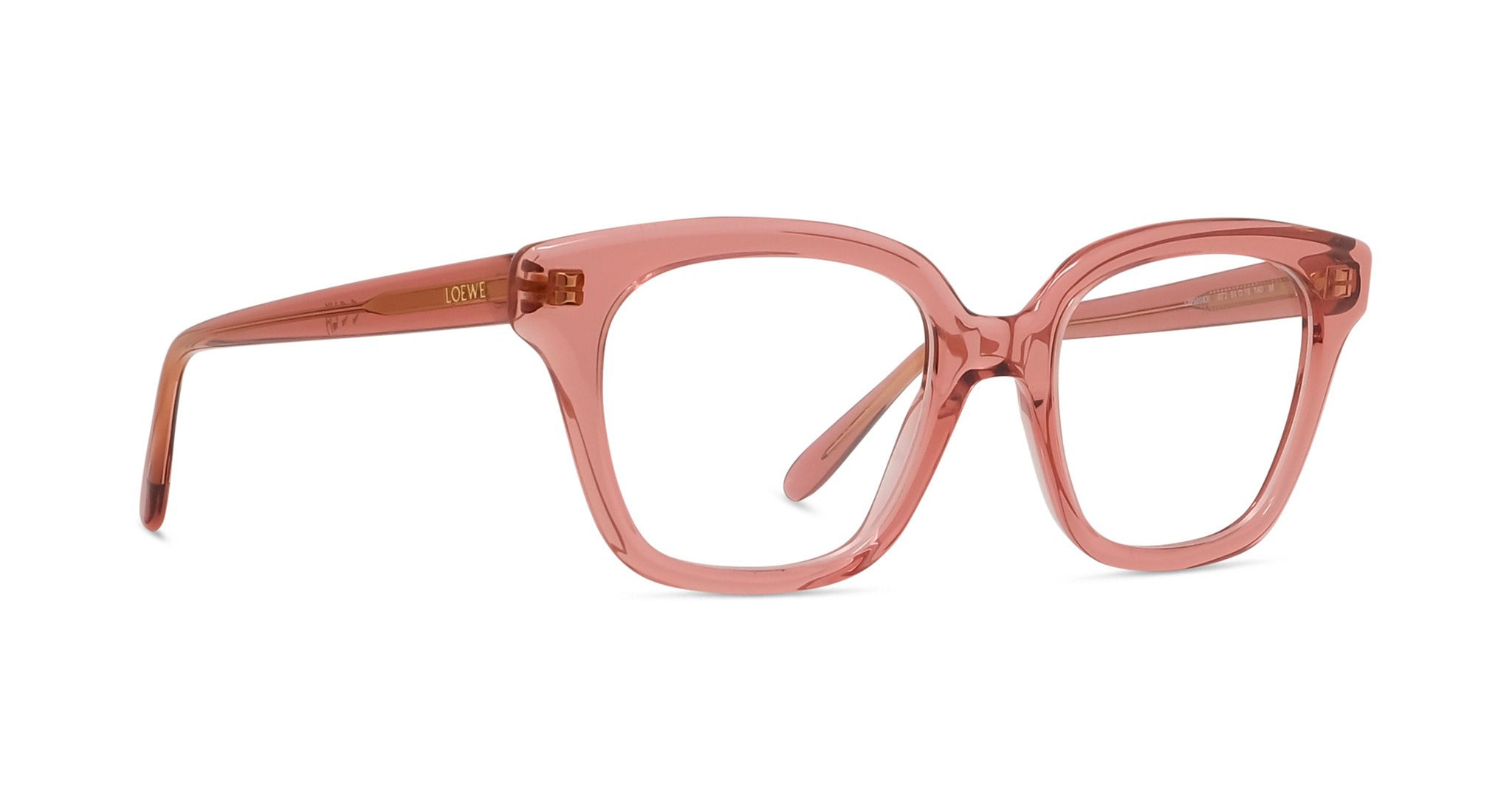 A pair of pink-framed glasses with a clear lens, displayed against a white background.