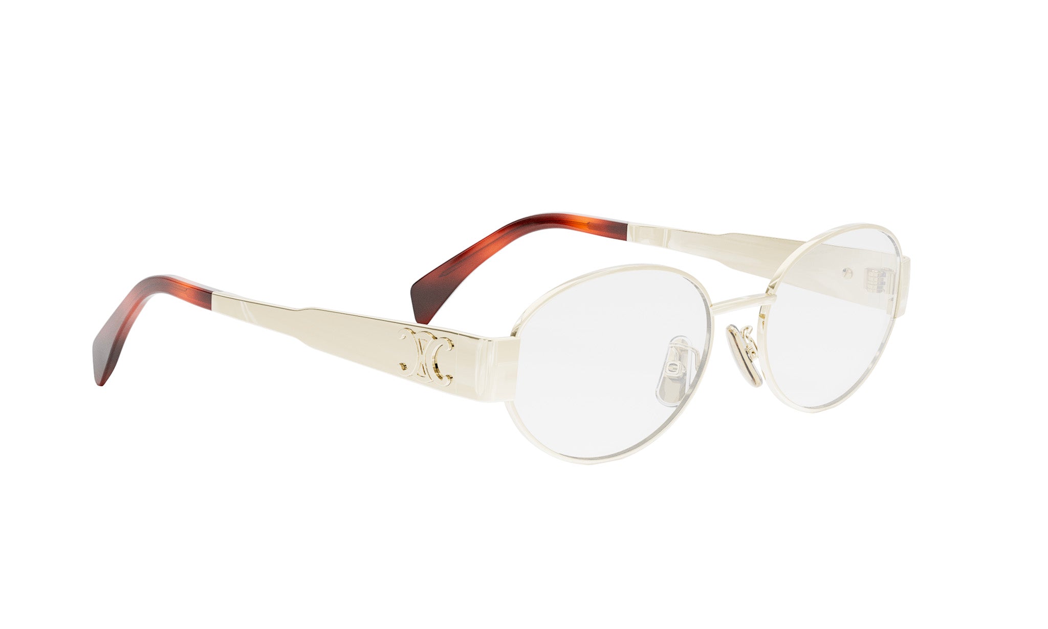 A pair of round, gold-colored eyeglasses with a tortoiseshell accent on the temples.