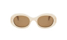 A pair of white oval-shaped sunglasses with brown lenses.