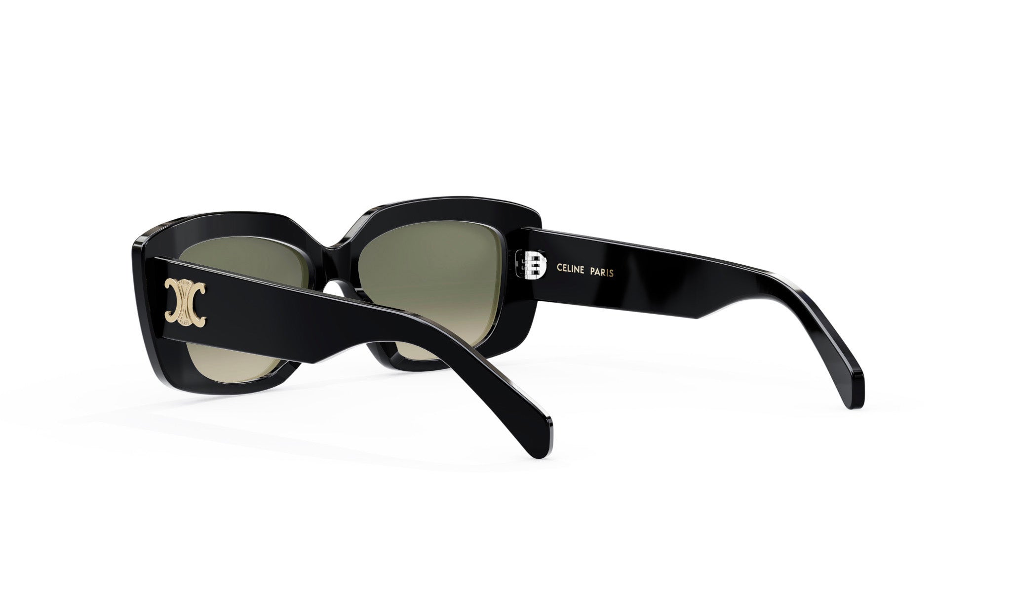A pair of black sunglasses with a gold logo on the frame.