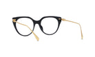 A pair of black cat-eye framed glasses with gold-colored metal arms.