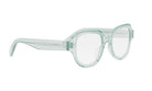 A pair of clear, mint green-colored eyeglasses with a sleek, modern design.
