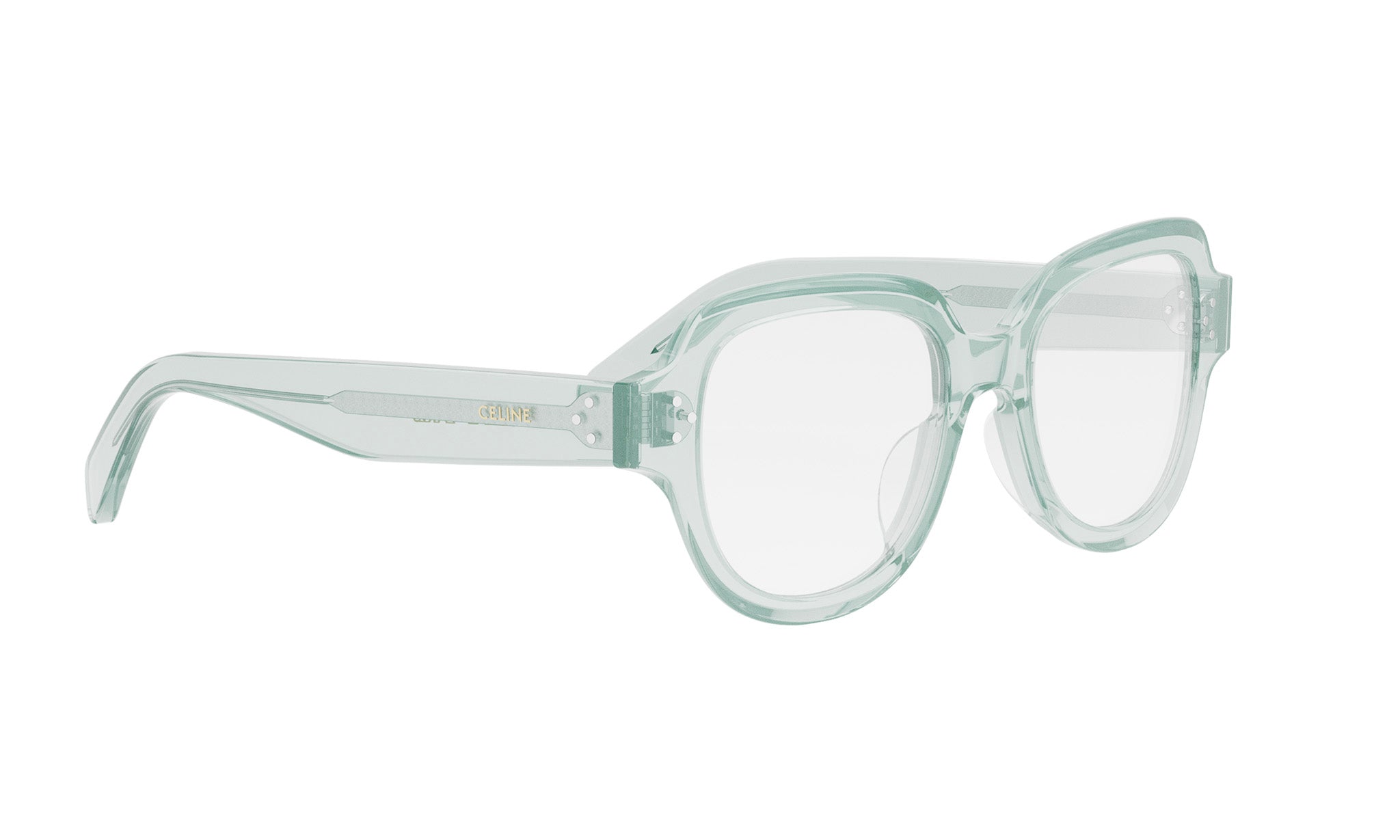 A pair of clear, mint green-colored eyeglasses with a sleek, modern design.