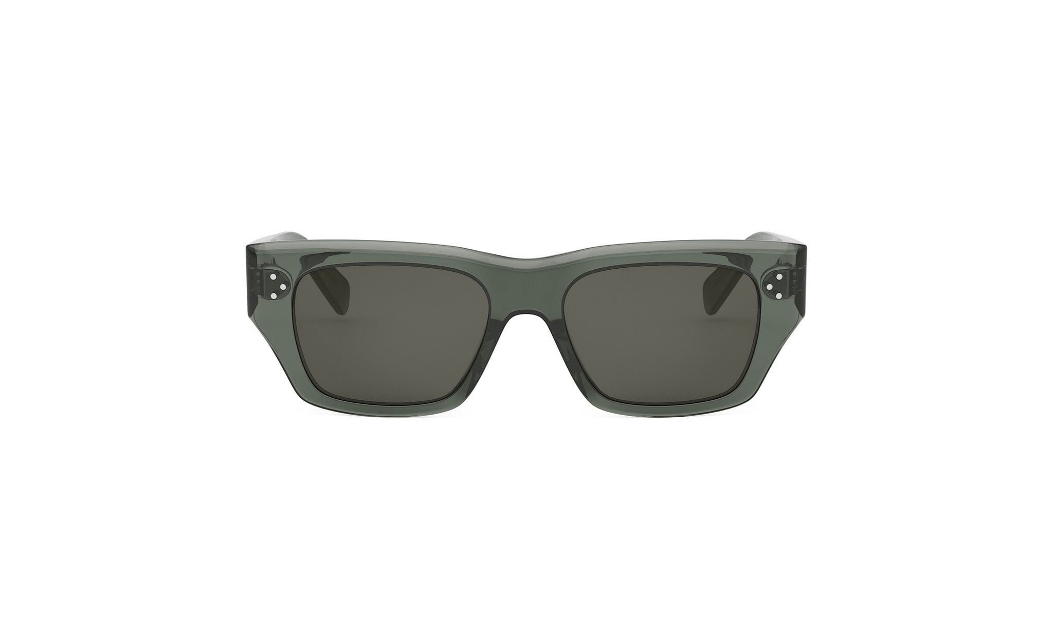 A pair of dark green sunglasses with dark lenses.