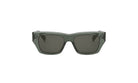 A pair of dark green sunglasses with dark lenses.