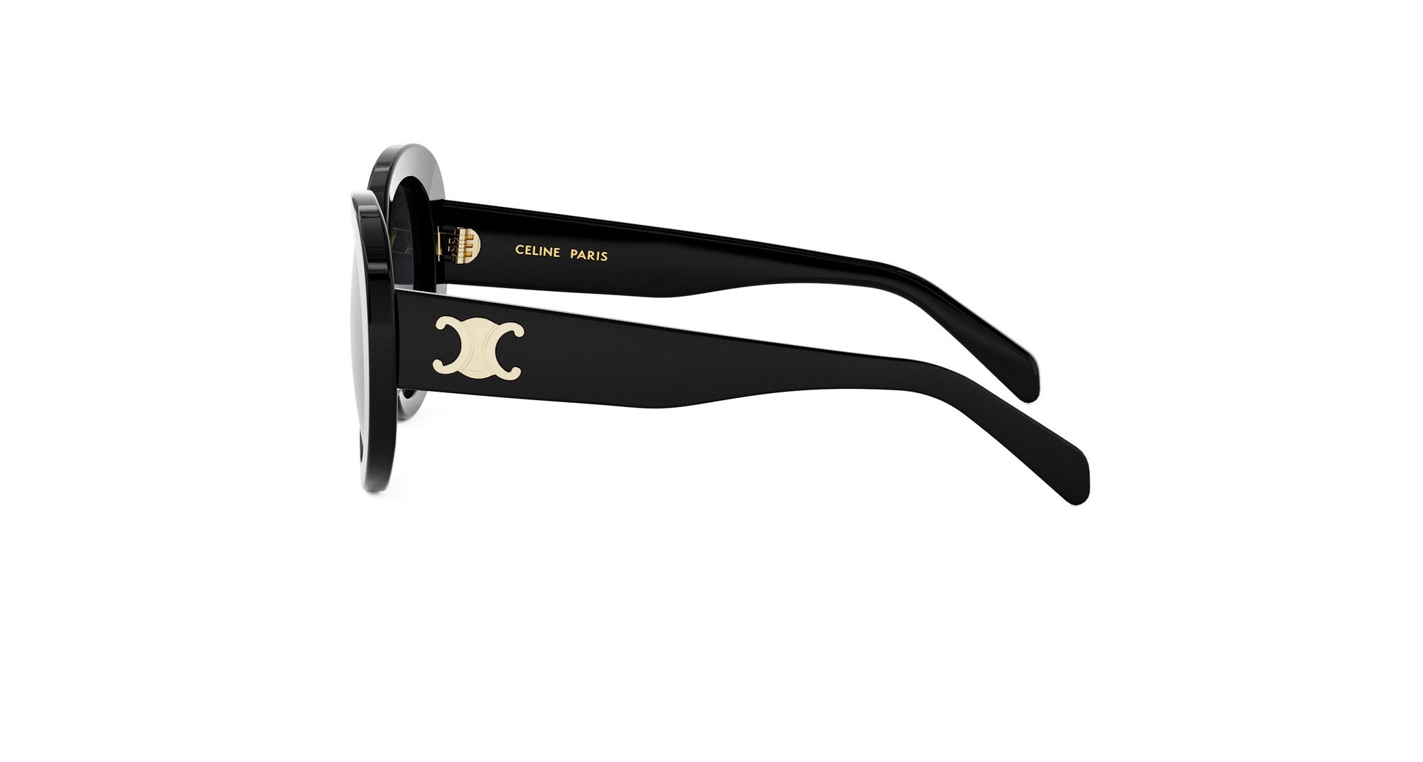 A pair of black sunglasses with a Celine Paris logo on the frame.