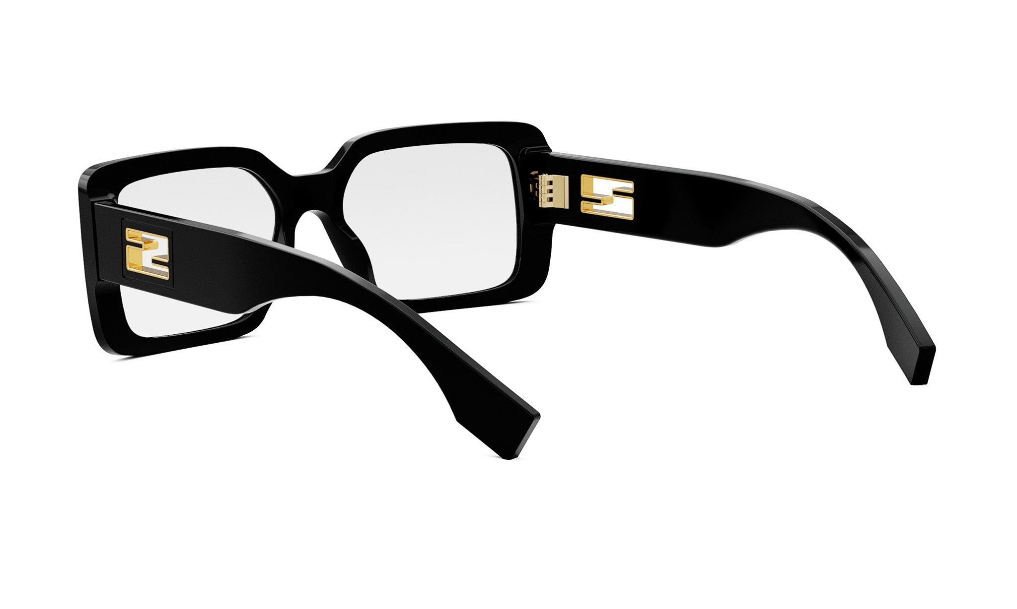 A pair of black-framed glasses with gold accents, featuring a square frame and a gold logo on the temples.