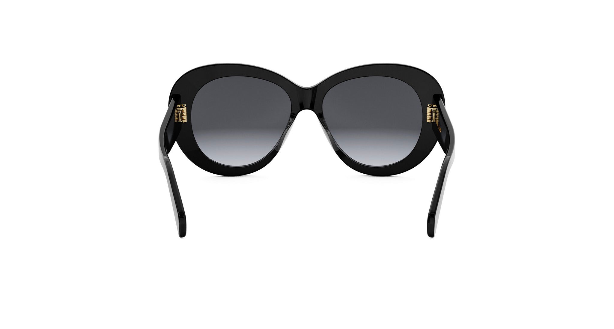 A pair of black sunglasses with gold accents, featuring a gradient lens design.