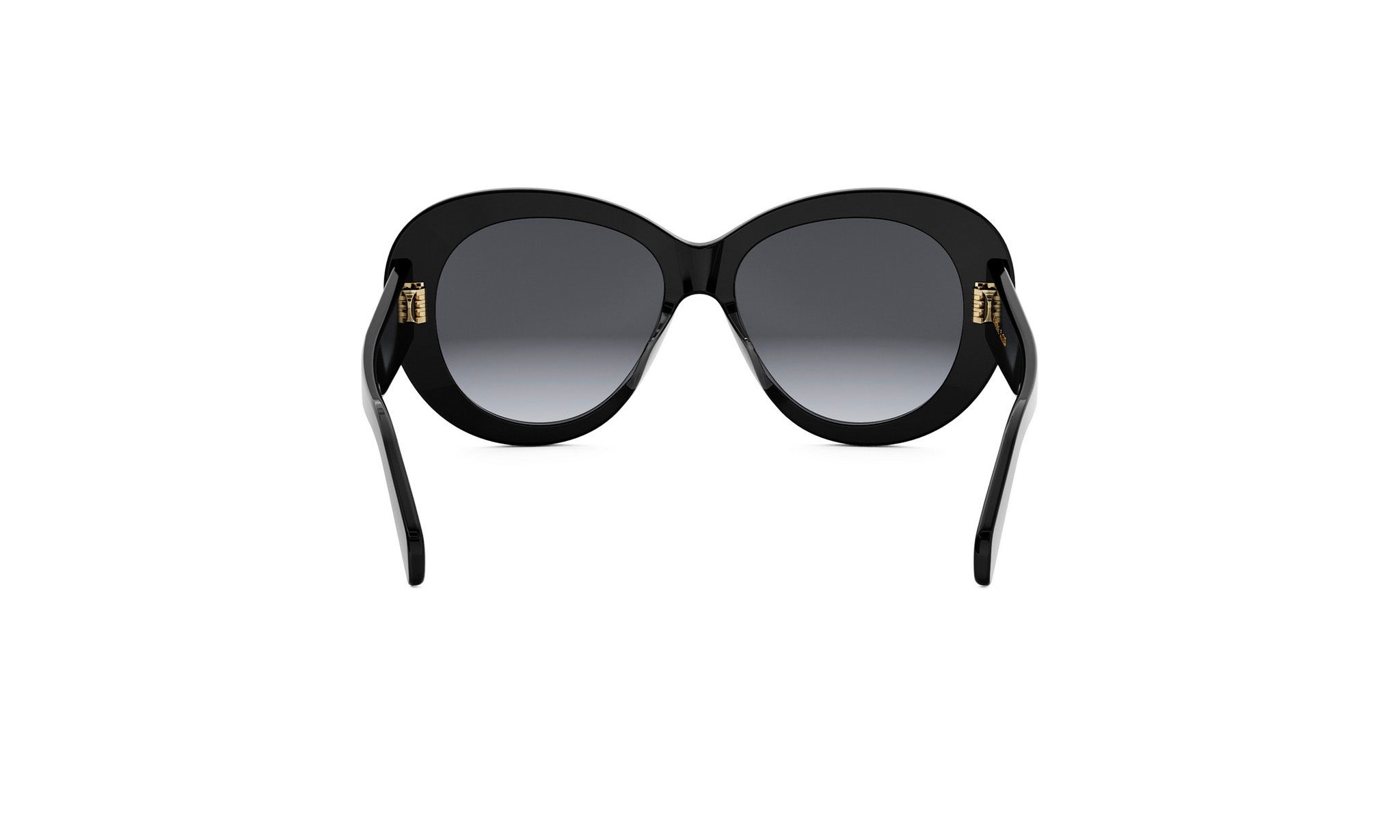 A pair of black sunglasses with gold accents, featuring a gradient lens design.
