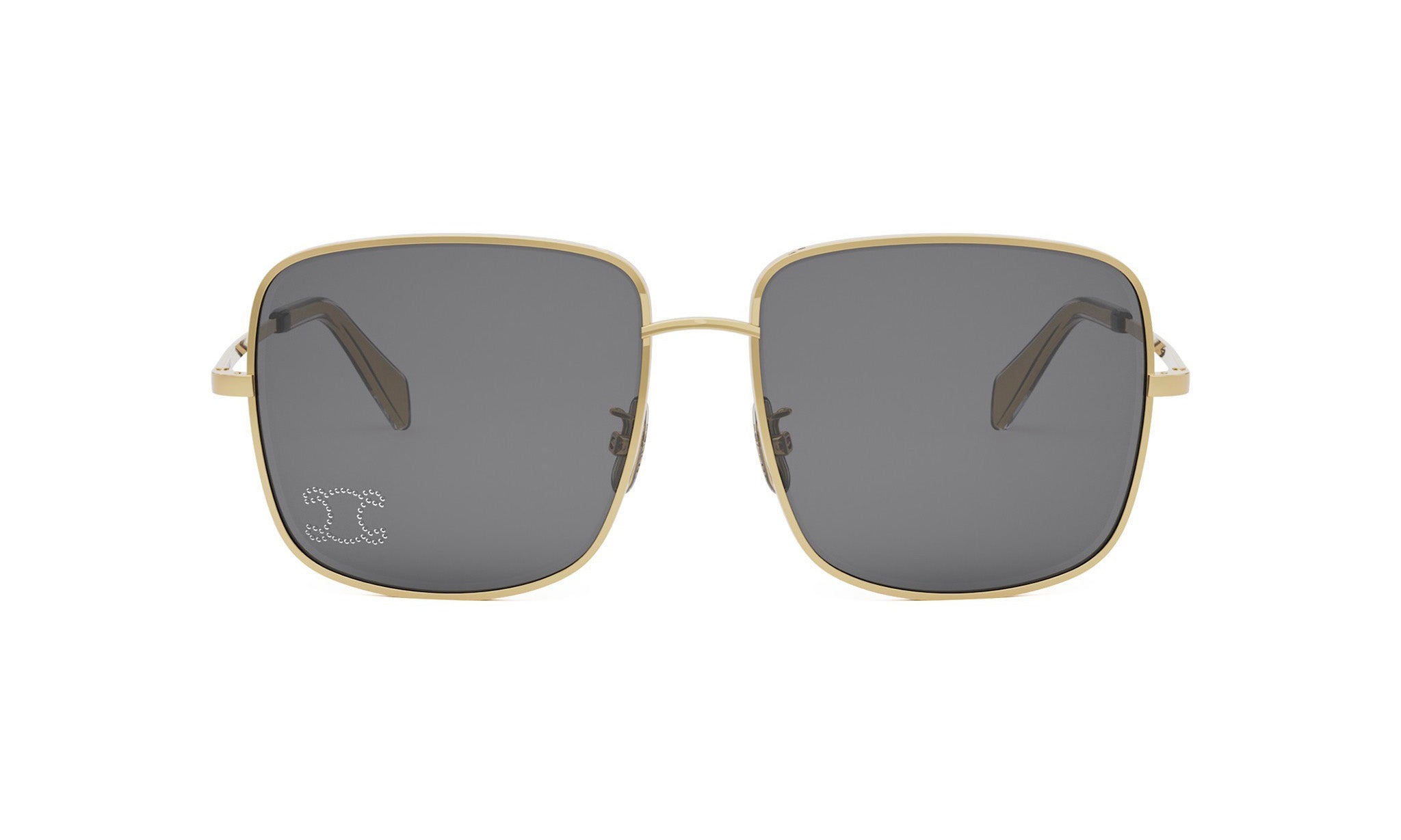 A pair of gold-framed sunglasses with dark lenses.