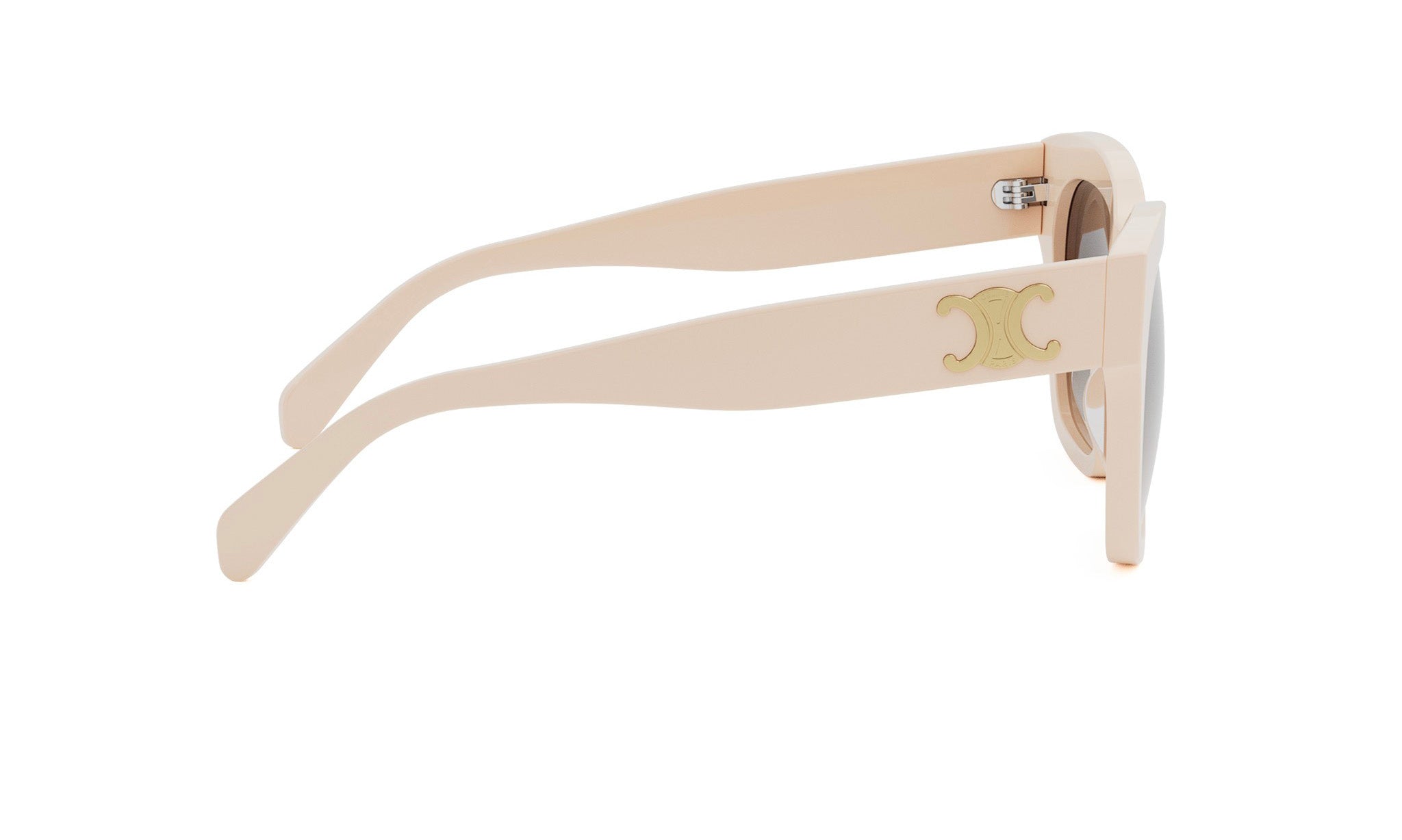 A pair of cream-colored sunglasses with a gold logo on the frame.