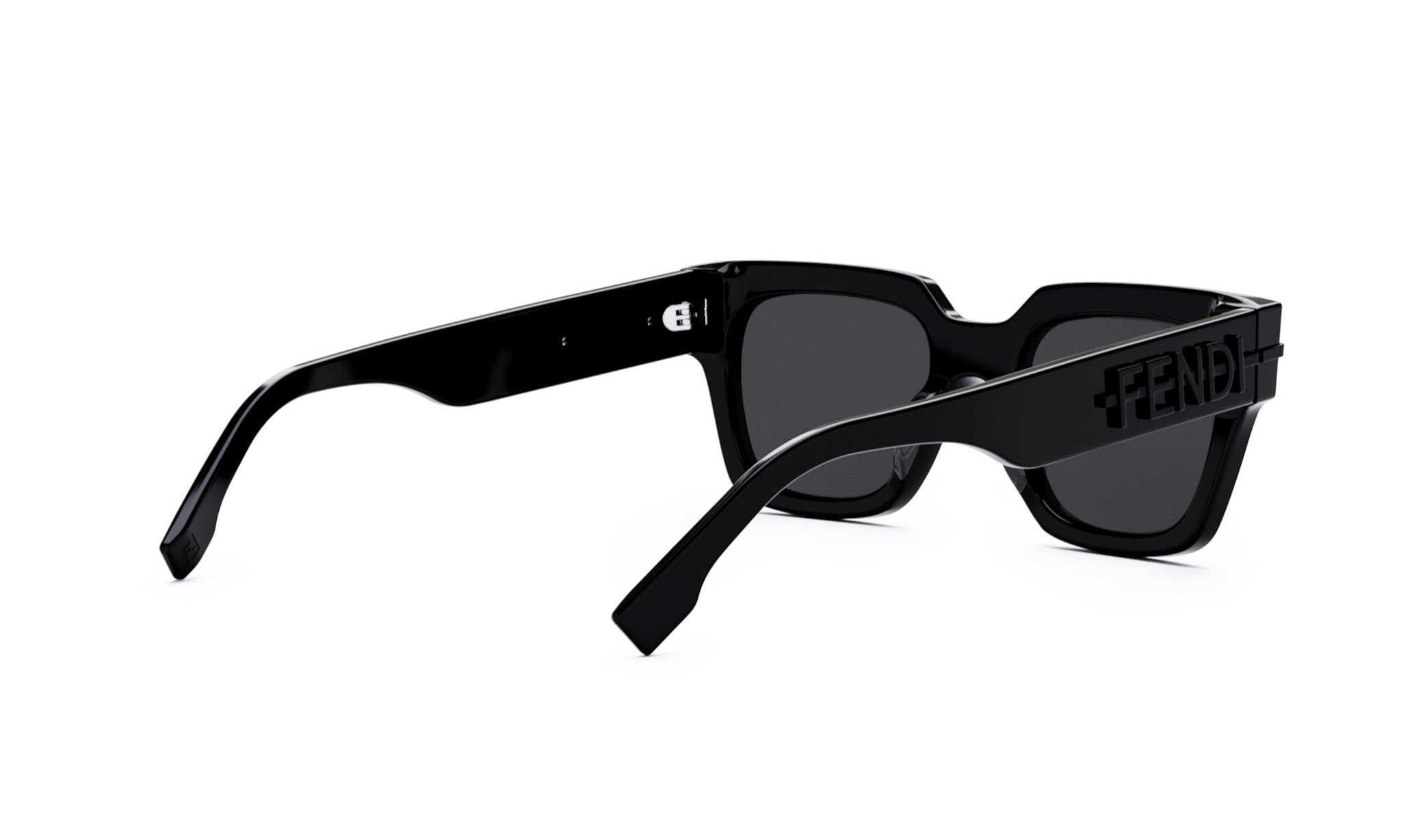A pair of black sunglasses with the Fendi logo on the frame.