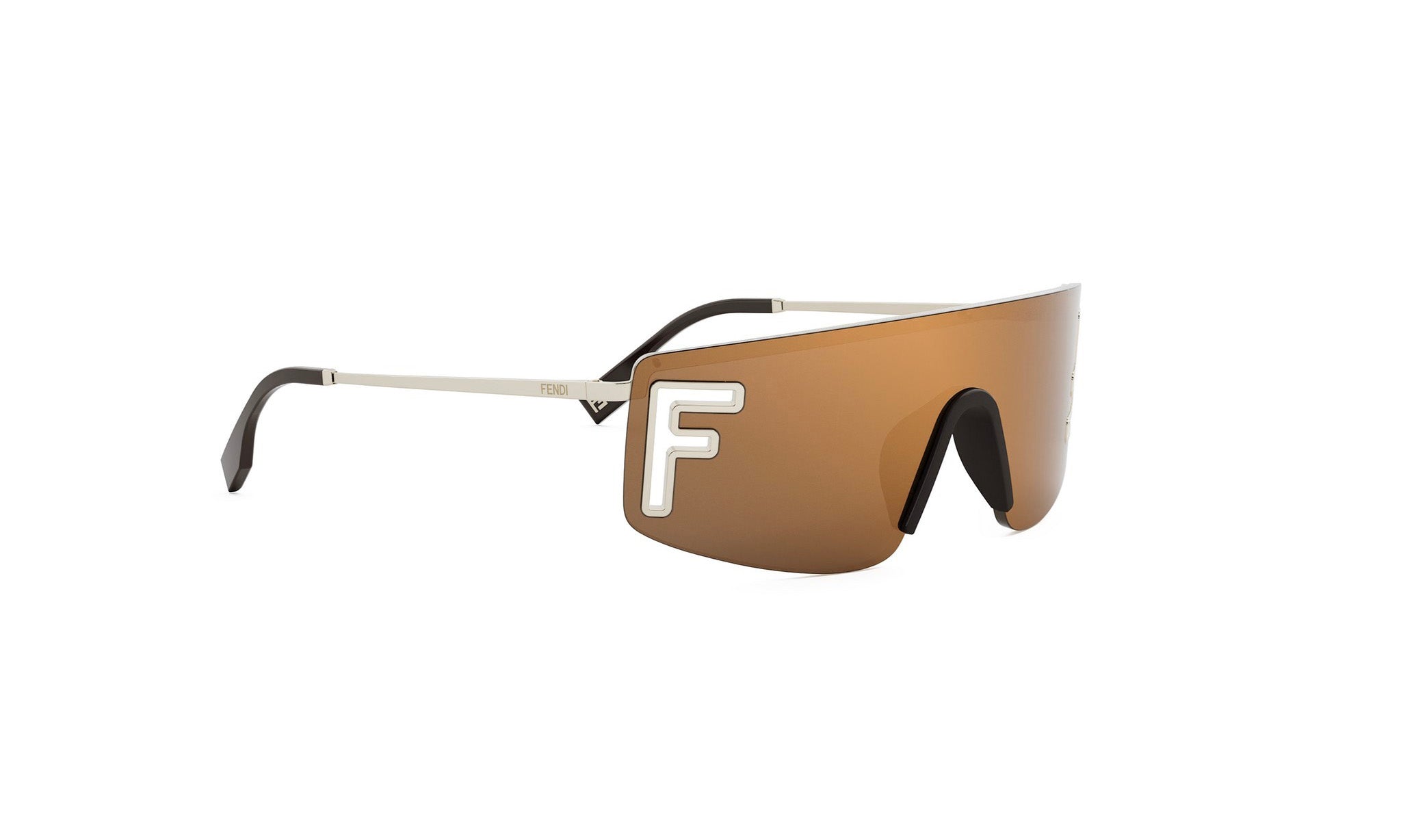 A pair of brown-tinted sunglasses with a white "F" logo on the side.