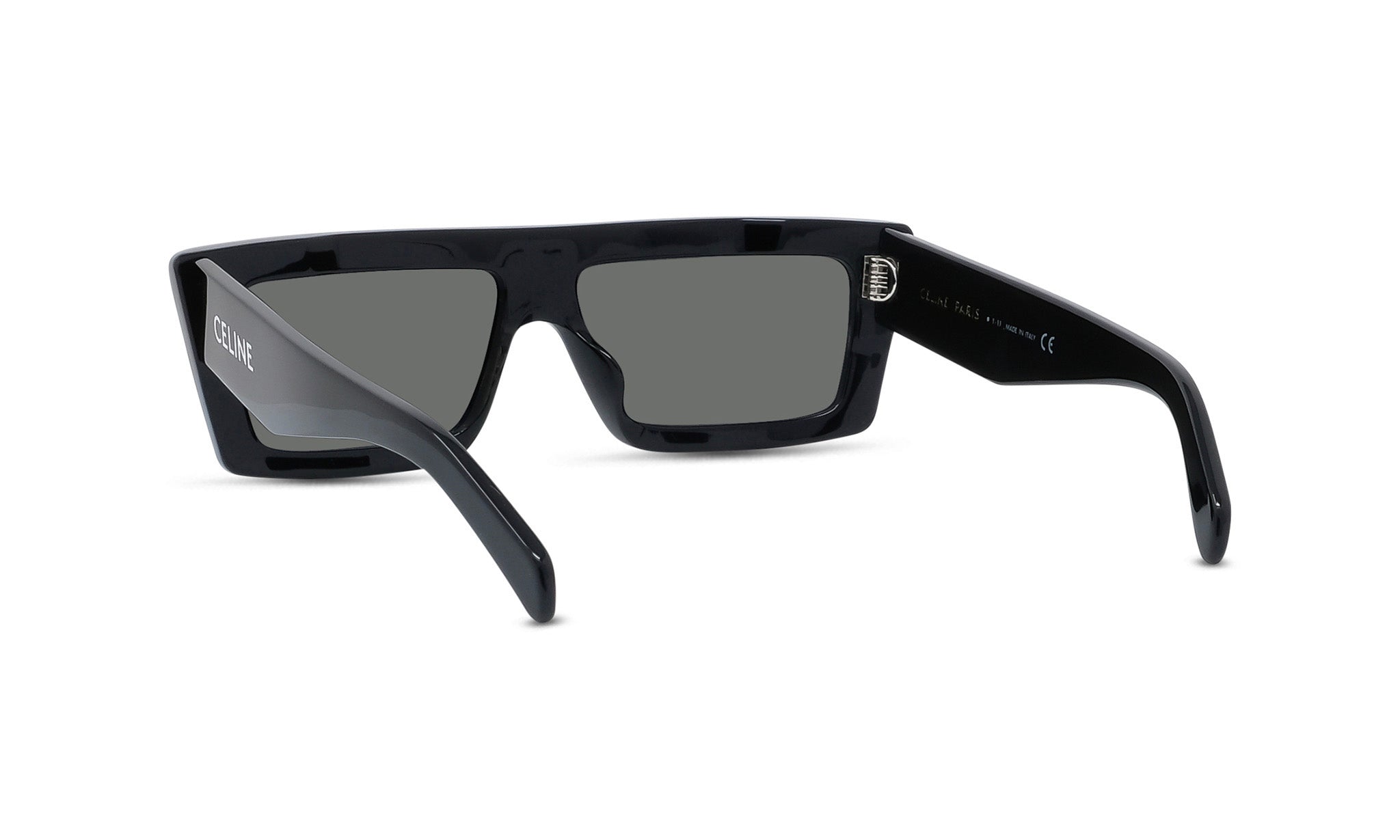 A pair of black rectangular sunglasses with dark lenses.