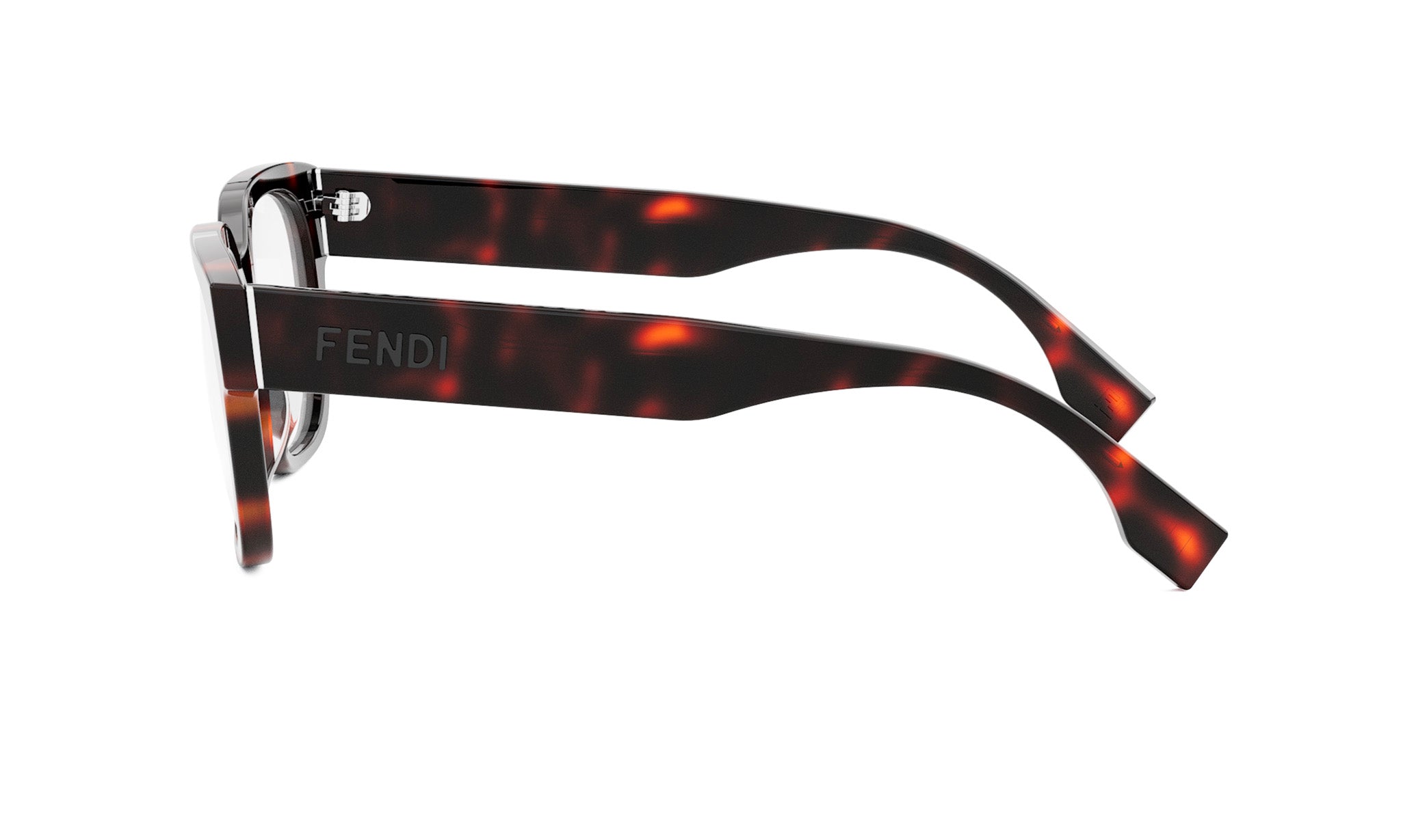 A pair of dark-framed glasses with a tortoiseshell pattern and the Fendi logo on the side.