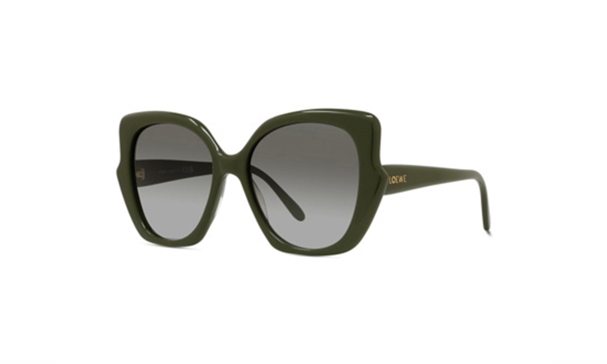 A pair of green cat-eye sunglasses with a dark frame.