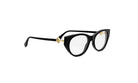 A pair of black cat-eye framed glasses with gold accents.