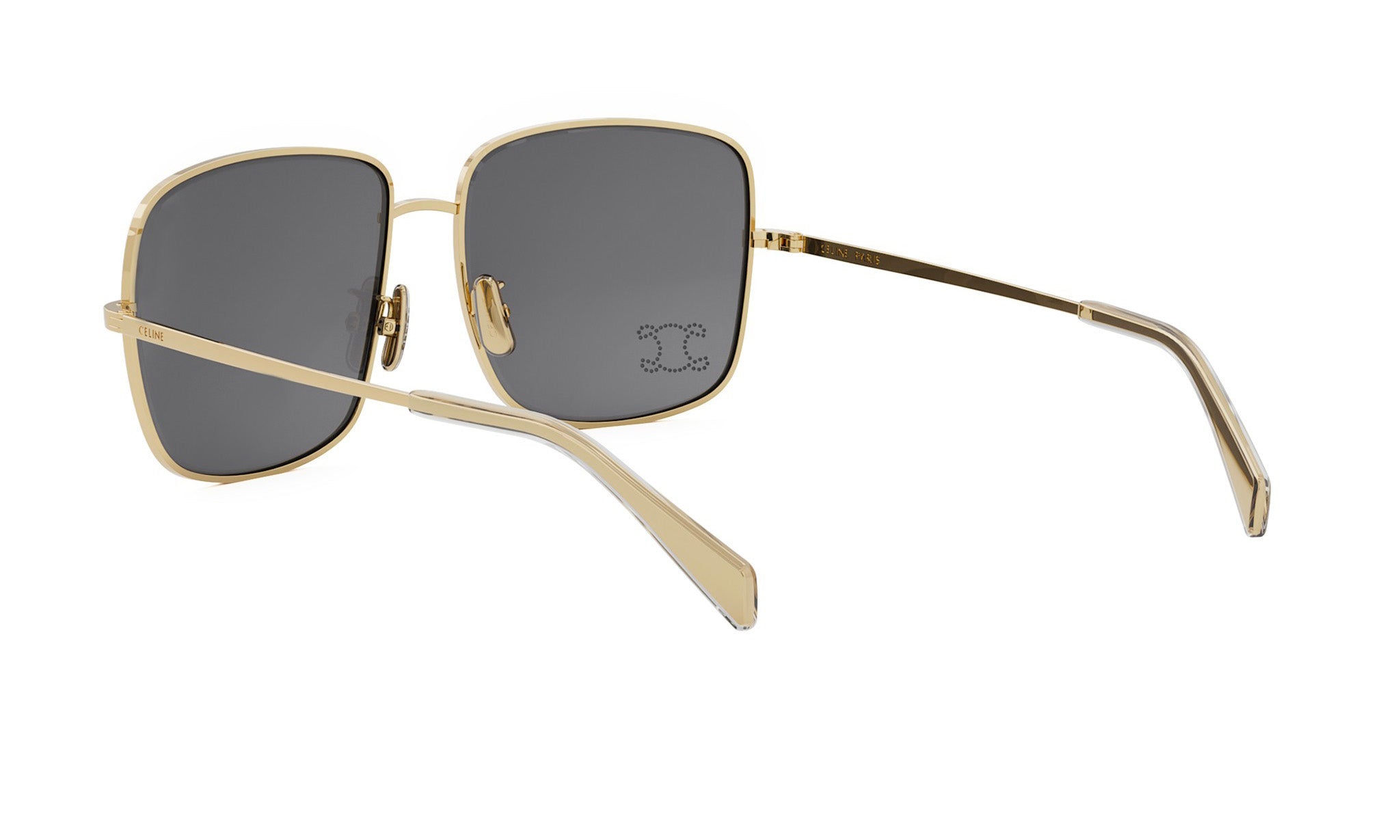 A pair of gold-colored sunglasses with dark lenses.
