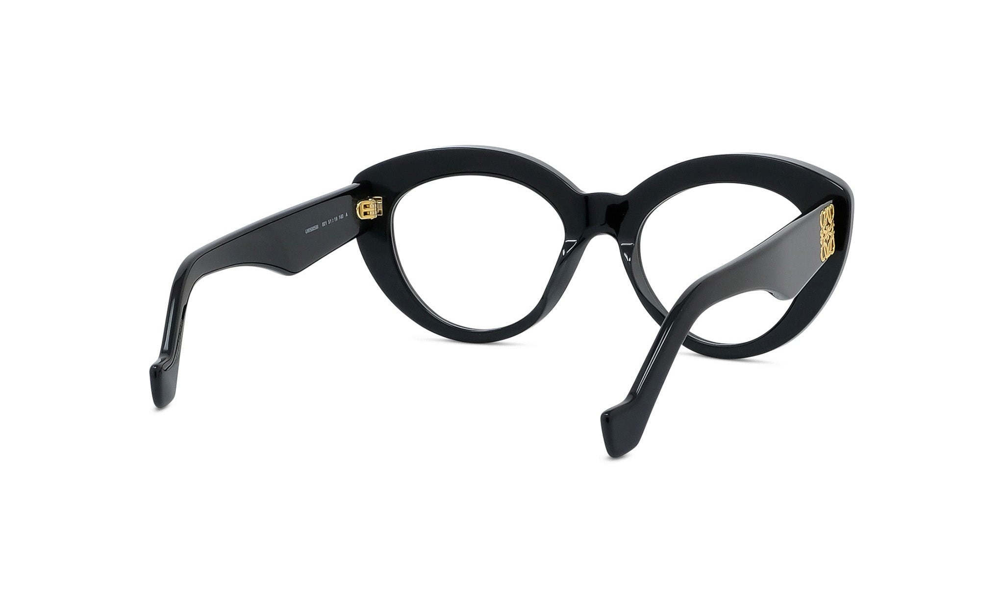 A pair of black cat-eye framed glasses with gold accents.
