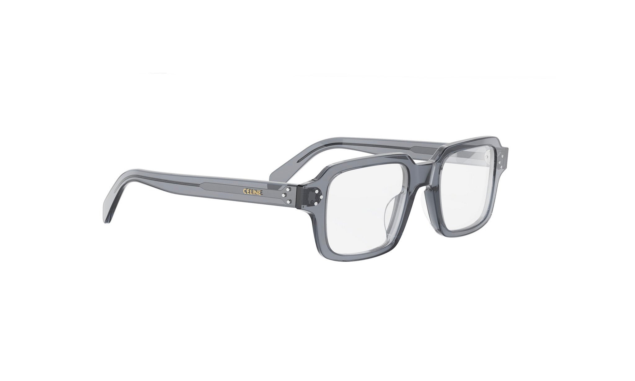 A pair of gray-framed glasses with a sleek, modern design.