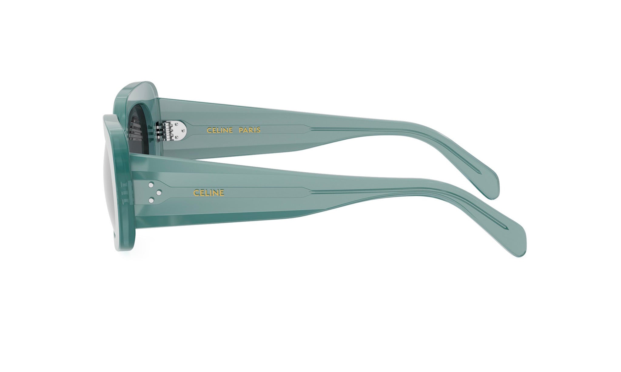 A pair of green sunglasses with the Celine Paris logo visible on the temples.