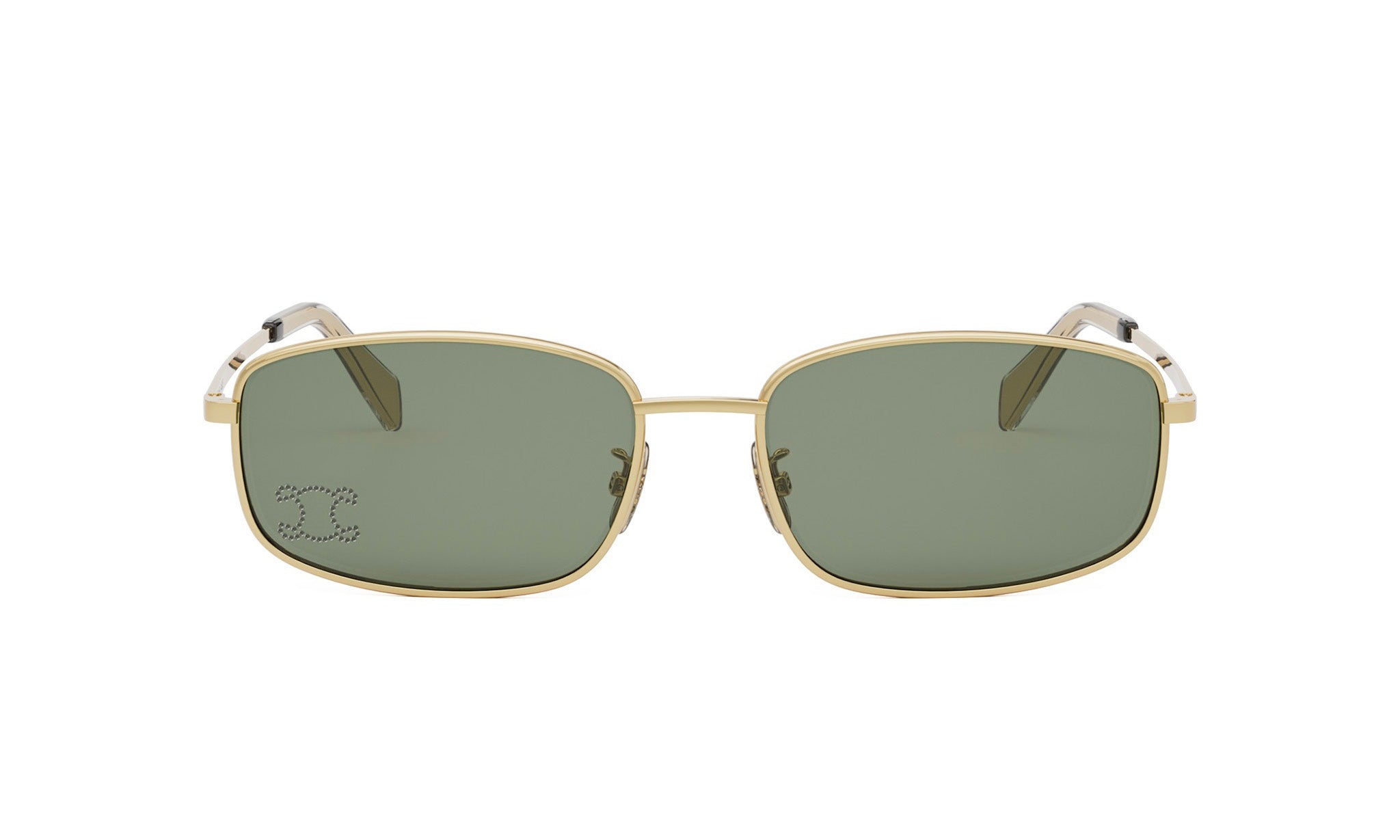 A pair of gold-framed sunglasses with dark green lenses.