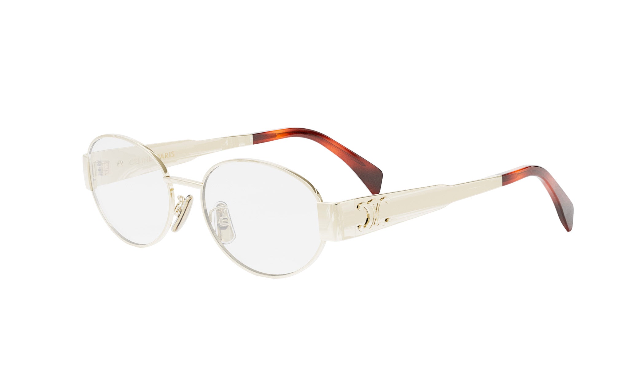 A pair of round, white-framed glasses with brown accents.