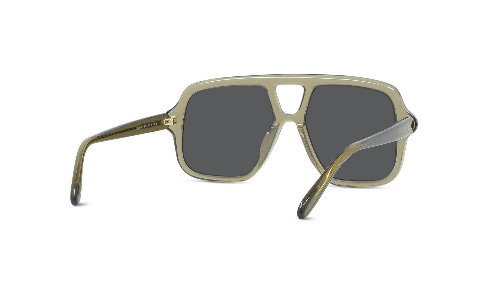 A pair of sunglasses with dark lenses and a light frame.