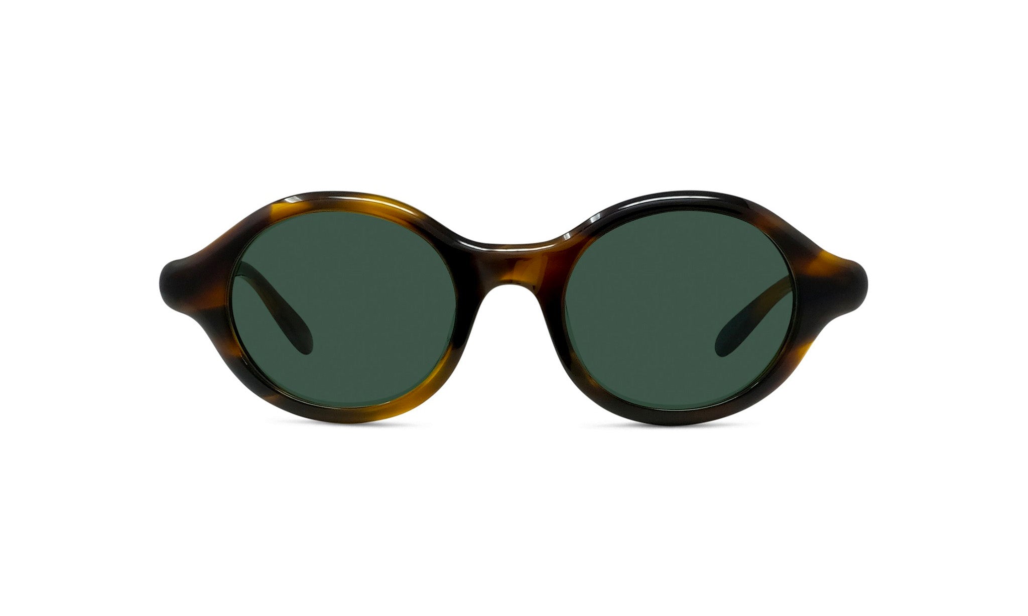 A pair of round sunglasses with dark green lenses.