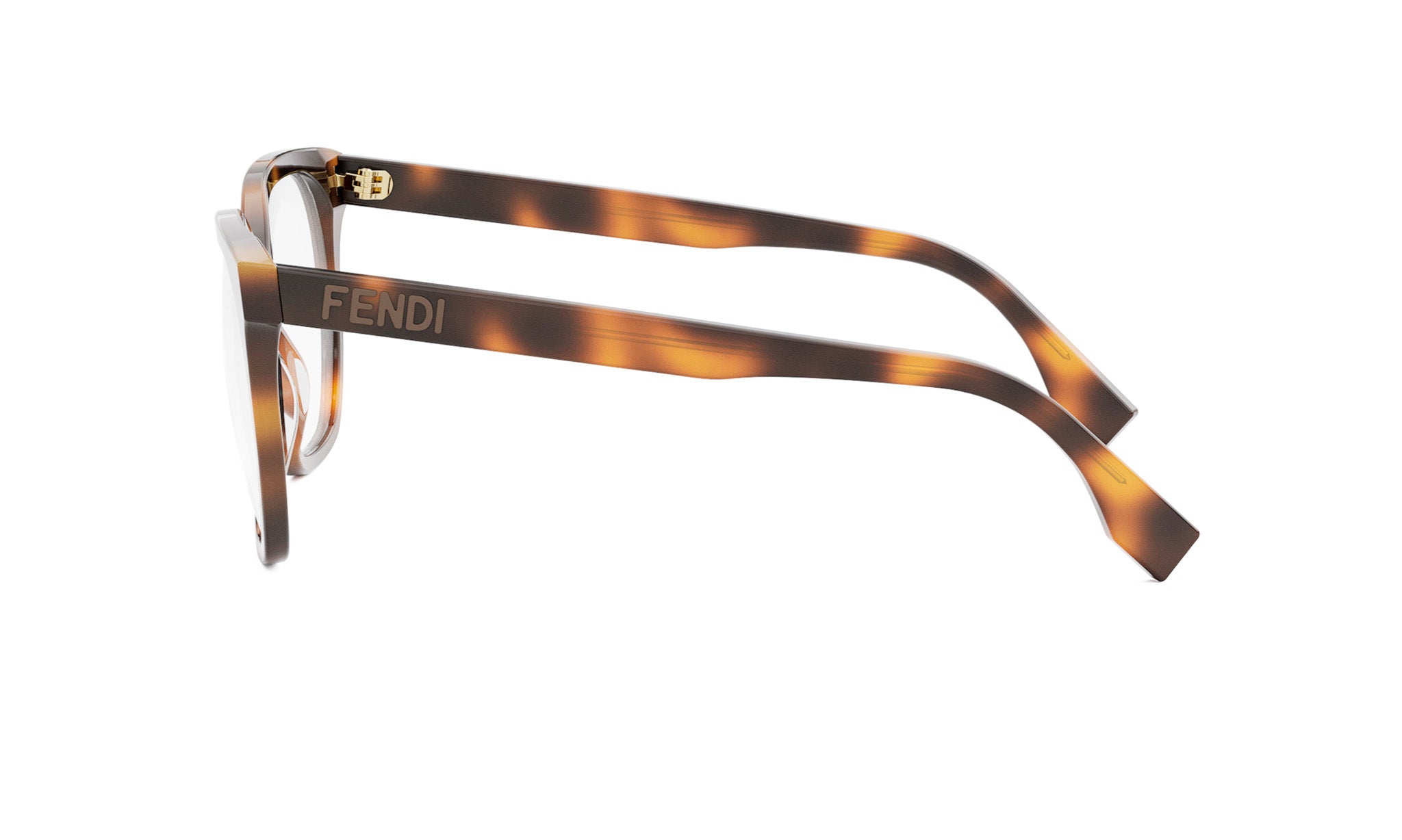 A pair of tortoiseshell-framed Fendi-branded eyeglasses.