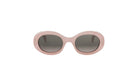 A pair of pink oval-shaped sunglasses with dark lenses.