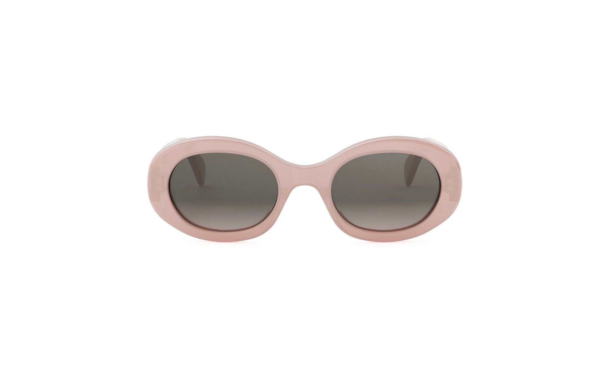 A pair of pink oval-shaped sunglasses with dark lenses.