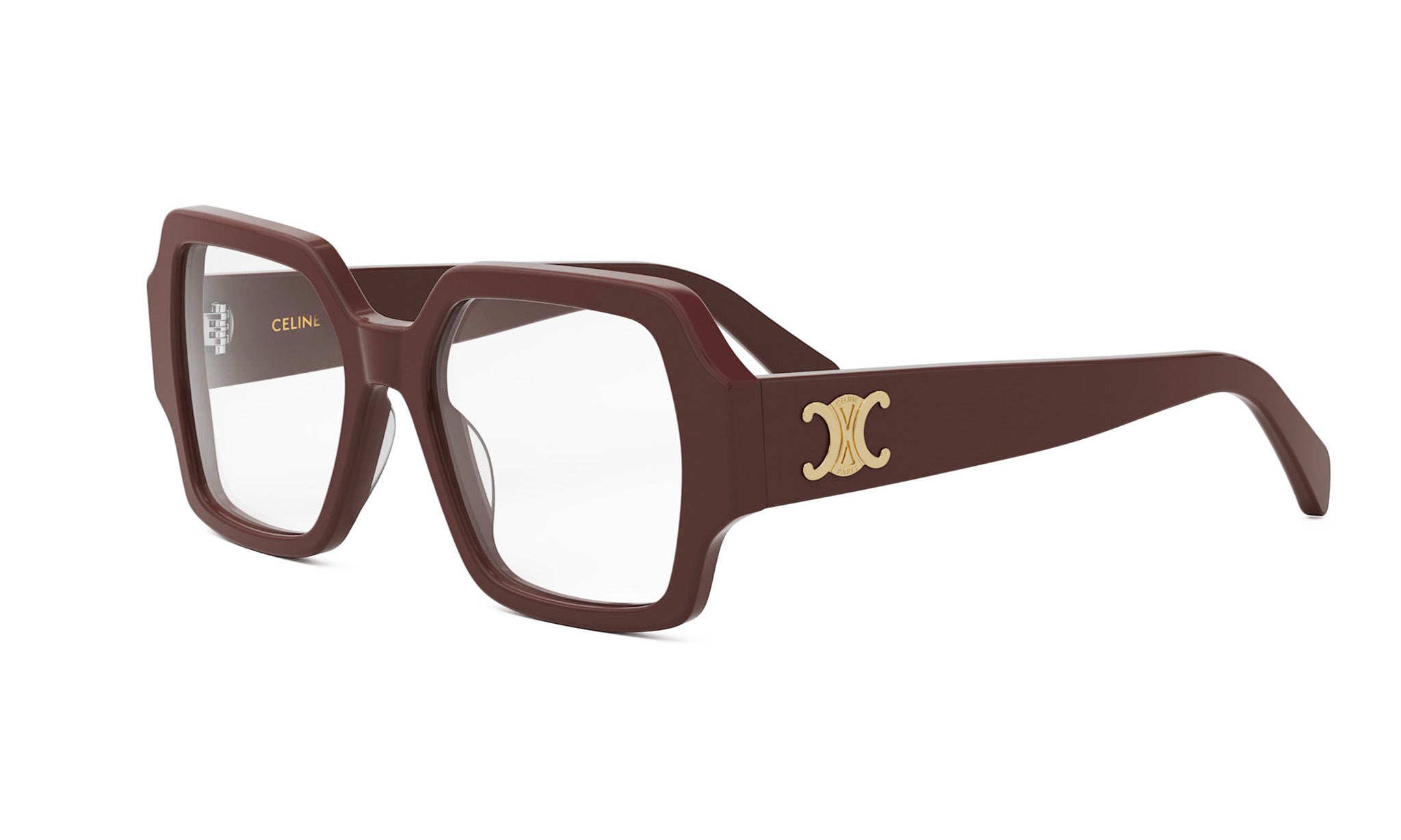 A pair of brown-framed glasses with a gold logo on the side.