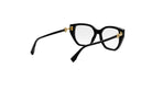 A pair of black-framed glasses with gold-colored metal accents.