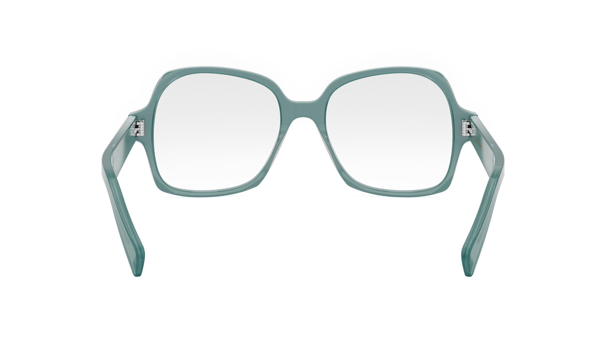A pair of green-framed glasses with a white lens, shown from the front view.