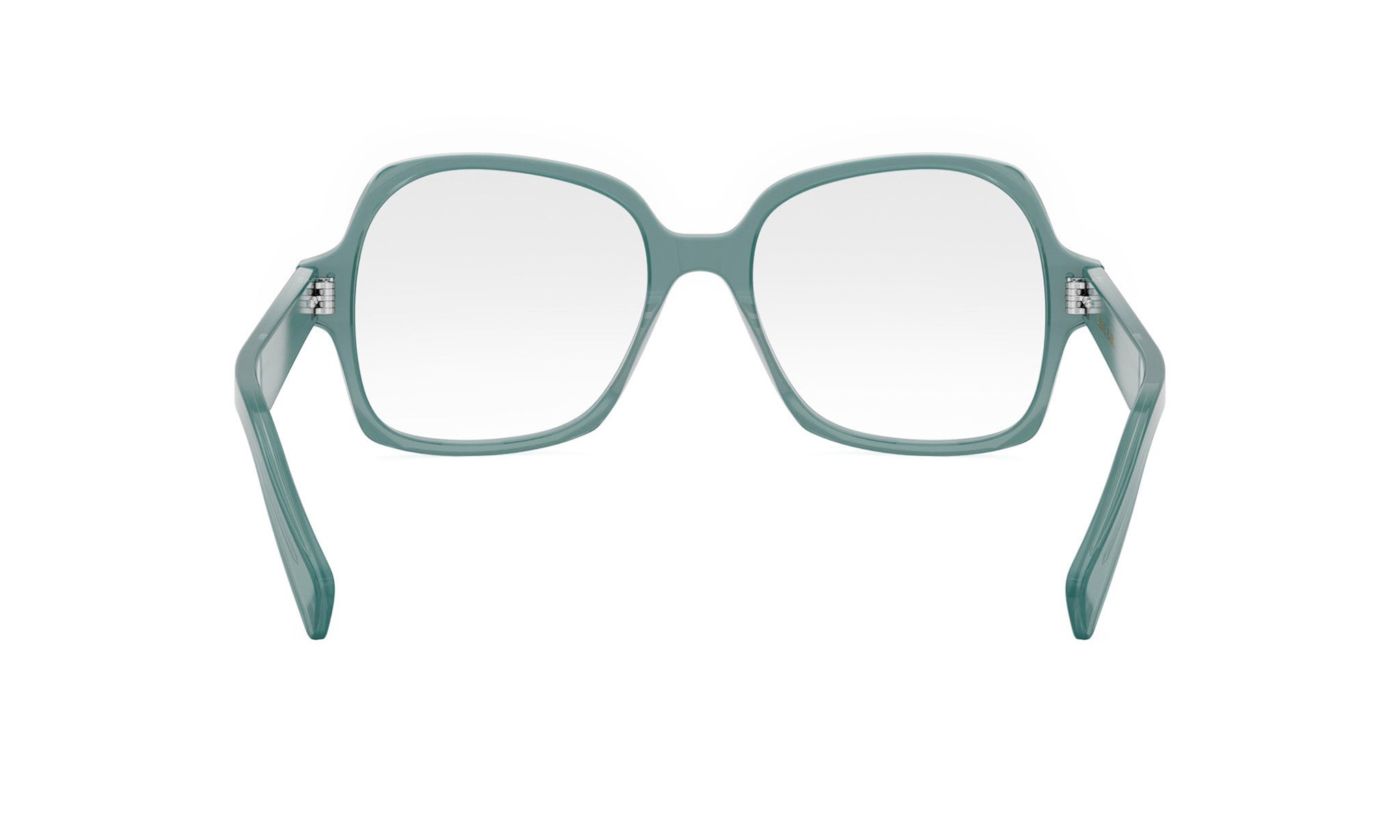 A pair of green-framed glasses with a white lens, shown from the front view.